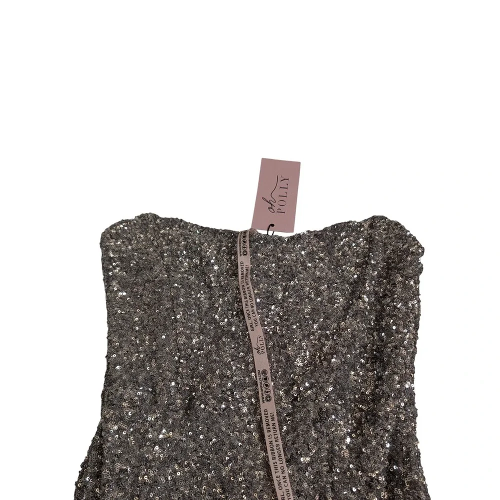 Oh Polly Jasella Embellished Corset Gown Silver Sequin Maxi Dress Sz 14 NEW Prom